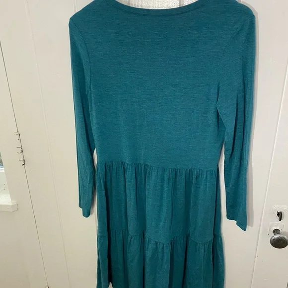MATILDA JANE Tiered Knit Dress Teal Modal Long Sleeves Vneck Boho Cottagecore S - Picture 3 of 10
